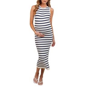 White Navy Striped Knit Sleeveless Side Slit Midi Dress